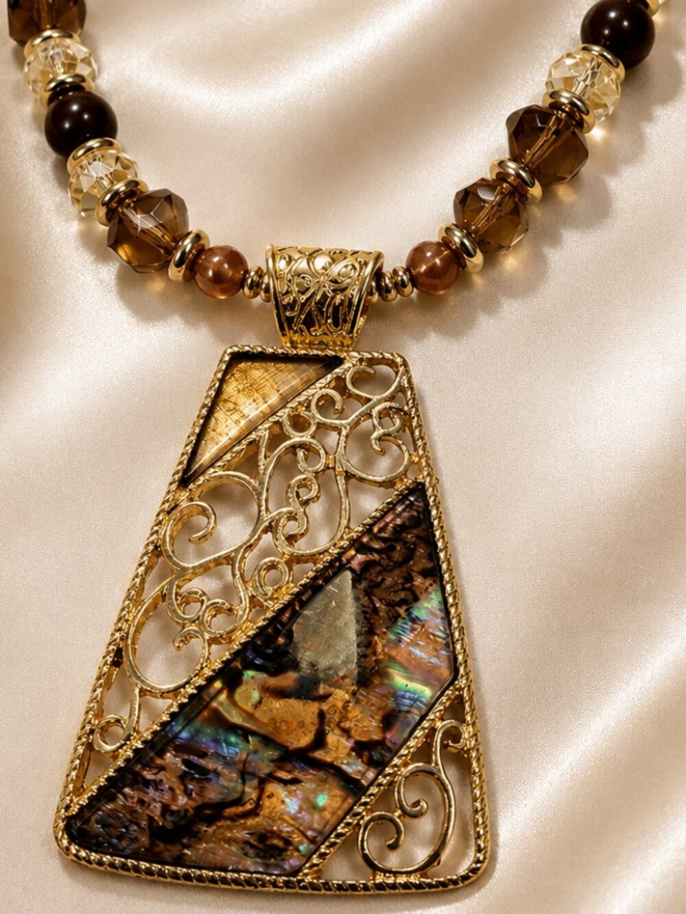 Gold Bold Filigree Abalone Shell Beaded Pendant Necklace – Statement Jewelry